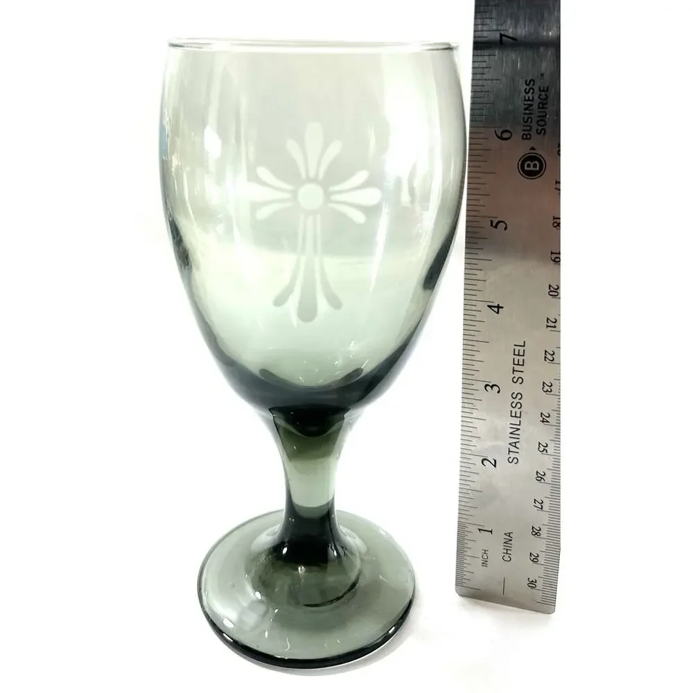 Vintage Etched Green Wine Goblets Pair Mid Century Smoke Glass 7”